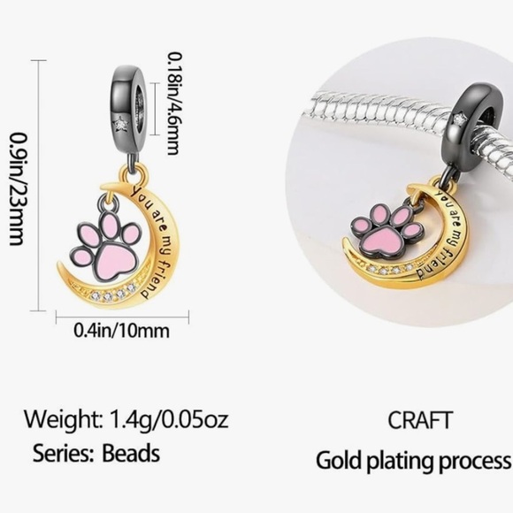 Puppy love sterling Silver Paw Print Moon charm that fits all Pandora bracelets - Picture 2 of 3